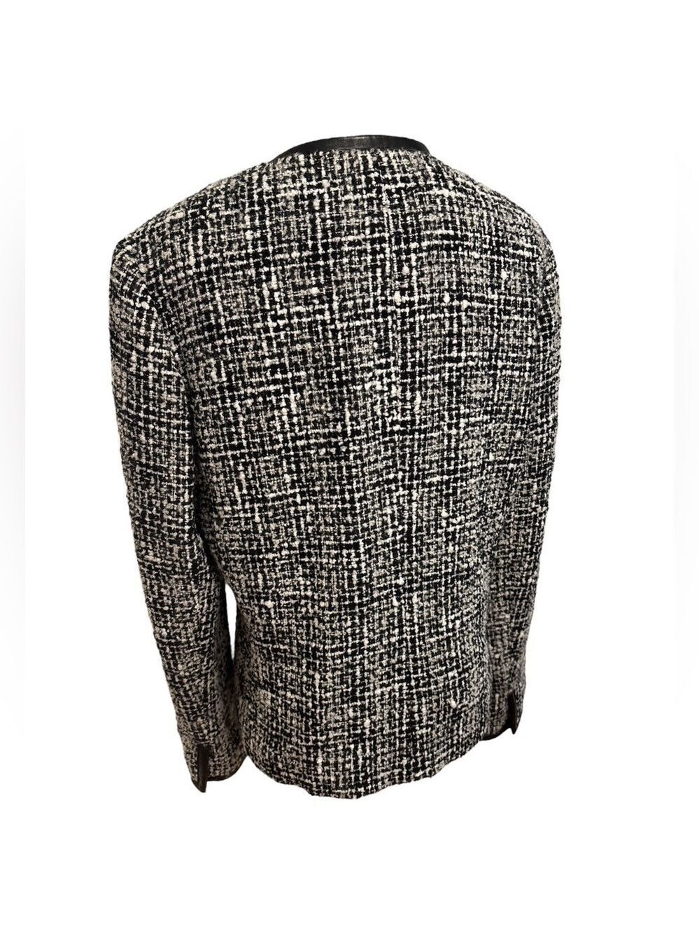 90s JONES NY BLACK & WHITE SALT & PEPPER TWEED JACKET BLACK LEATHER EDGES SZ 14 - Picture 4 of 8